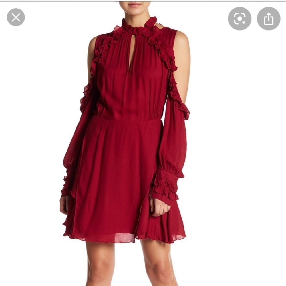 IRO Ruffle Cold Shoulder Layered Open Back Long Sleeve Mock Neck Dress